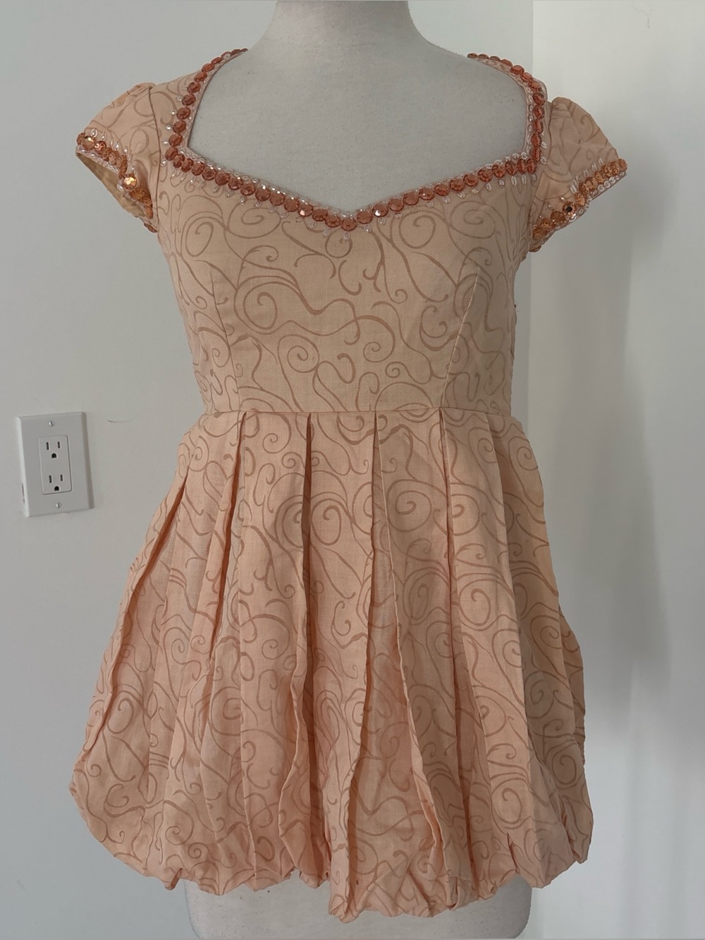 Linen Peach Beaded Scoop Neck Bubble Hem mini dress #239